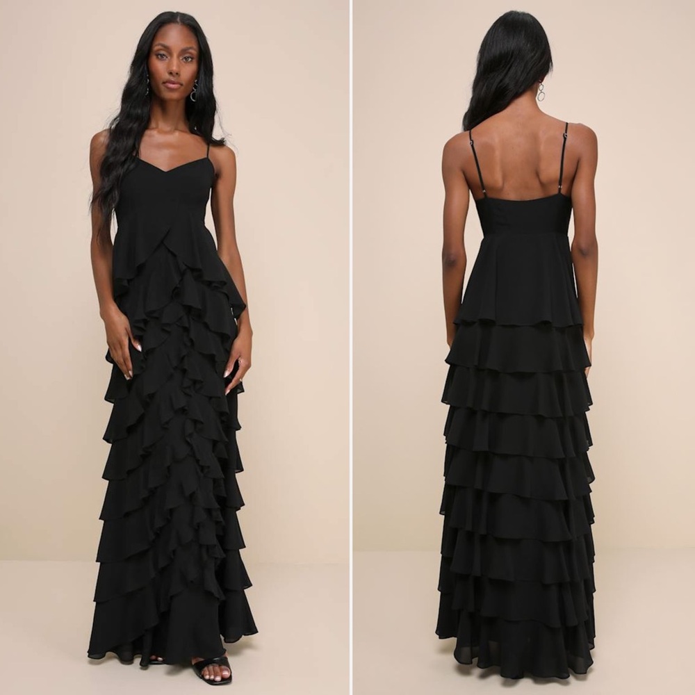 NWOT | Lulus | Regal Moment Black Sleeveless Ruffled Tiered Maxi Dress | Sz L